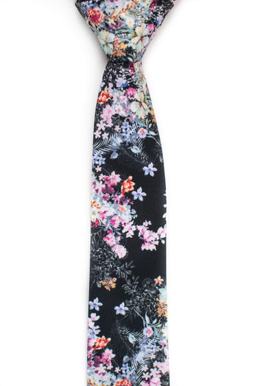 front view of spring black floral tie tough apparel