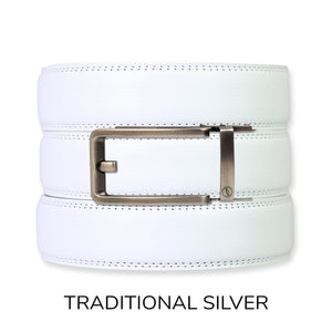 White Leather Ratchet Belt & Buckle Set