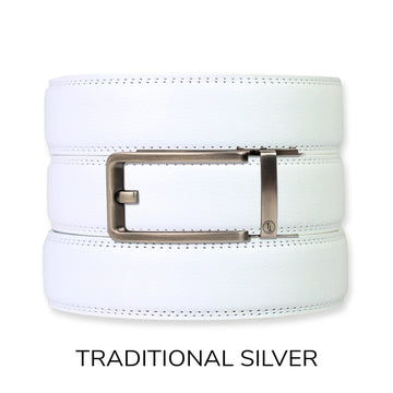 White Leather Ratchet Belt & Buckle Set