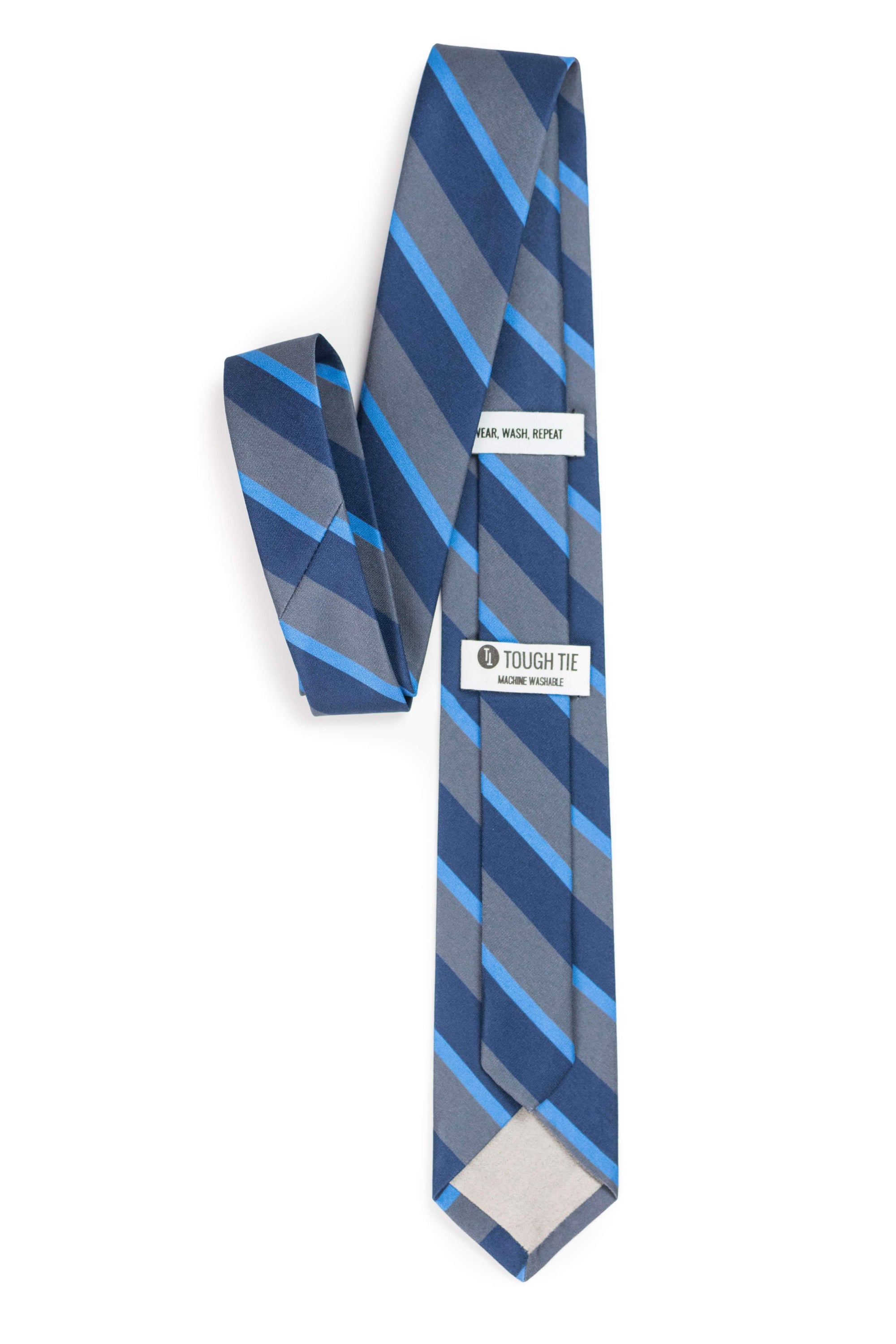grey and navy striped tie front view