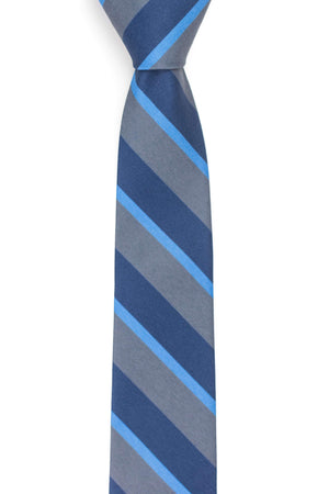 grey and navy striped tie front view