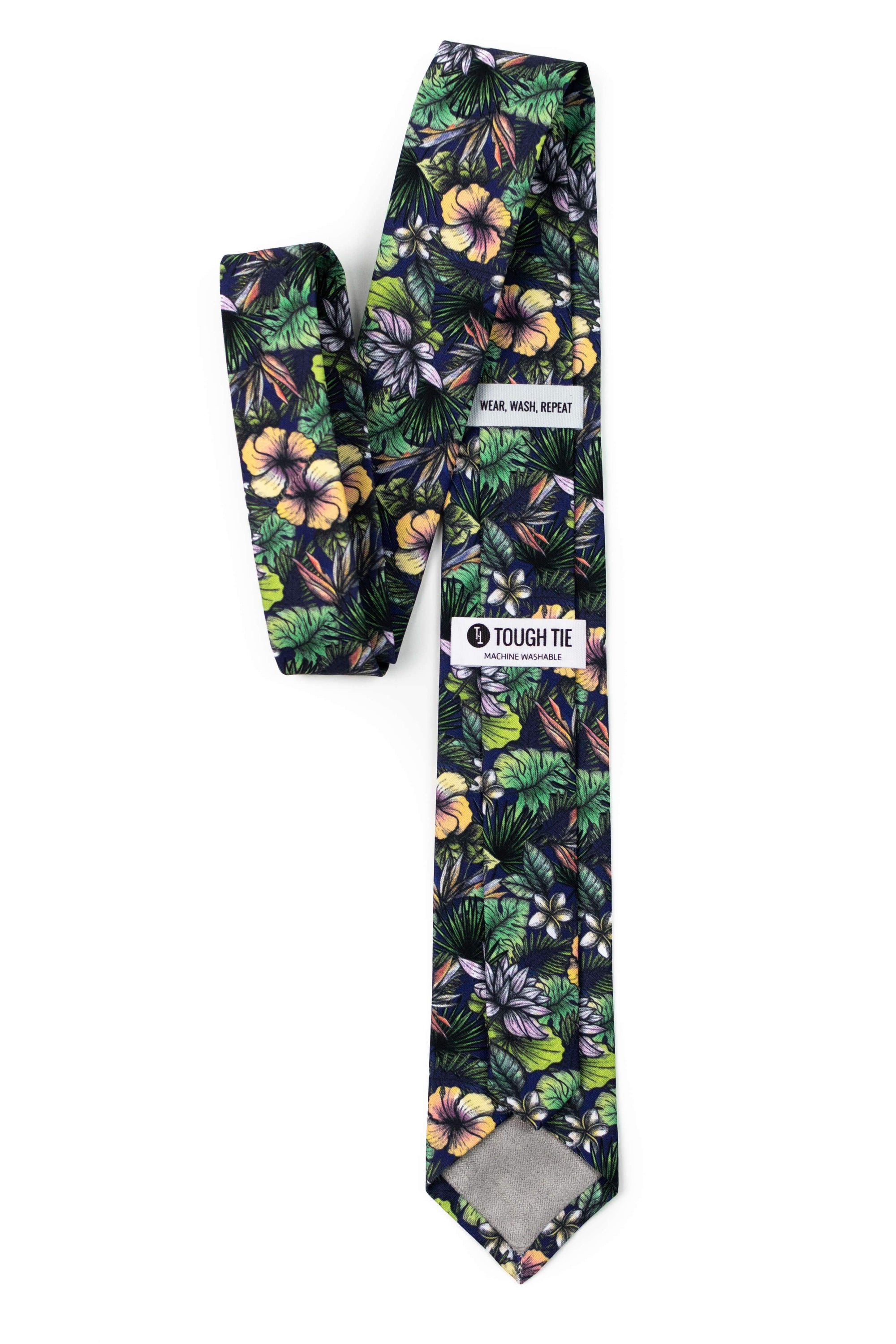 back view of green tropical floral tie from tough apparel