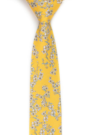 front view of marigold yellow floral tie